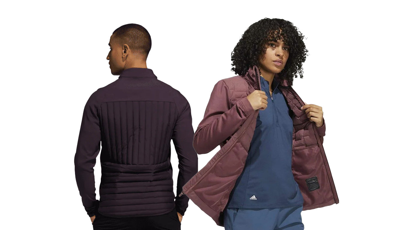 man and woman wearing adidas frostguard golf jacket