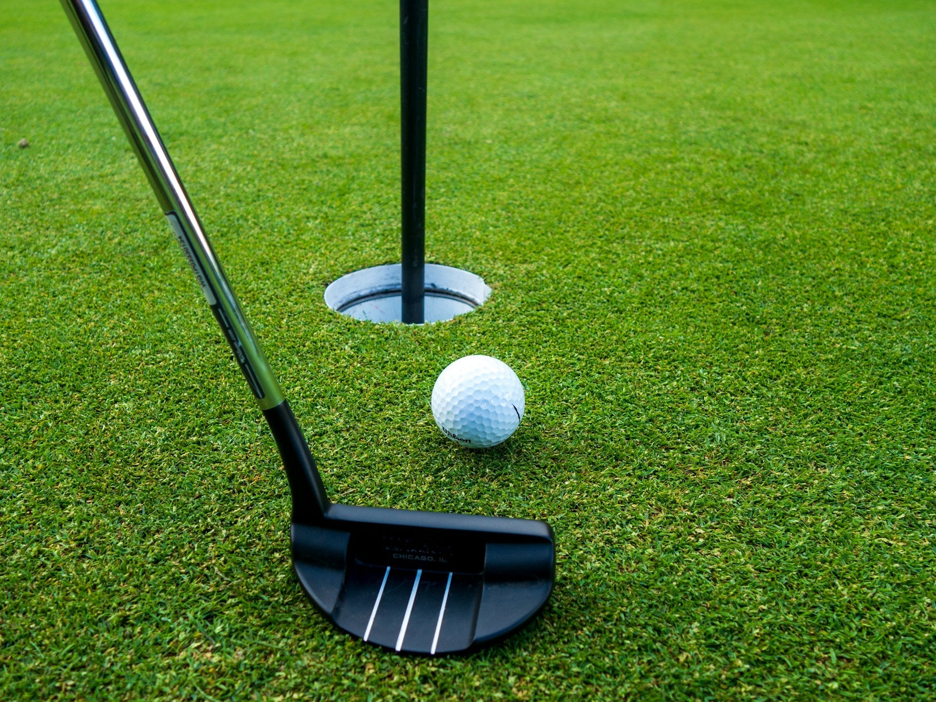 golf putter close to ball ready to put it into the hole on a green golf field