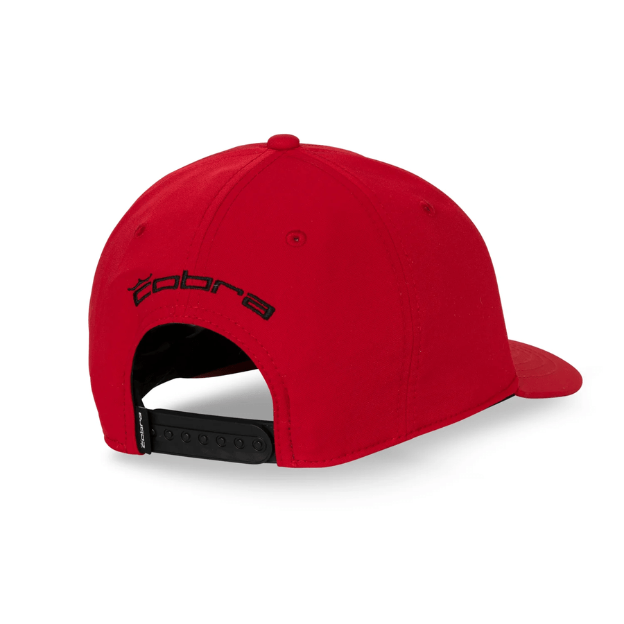 The Cobra Tour Crown Snapback Cap is bright red, shown from the back with a black adjustable closure, cobra embroidered in black above the opening, and features a moisture-wicking sweatband for comfort.