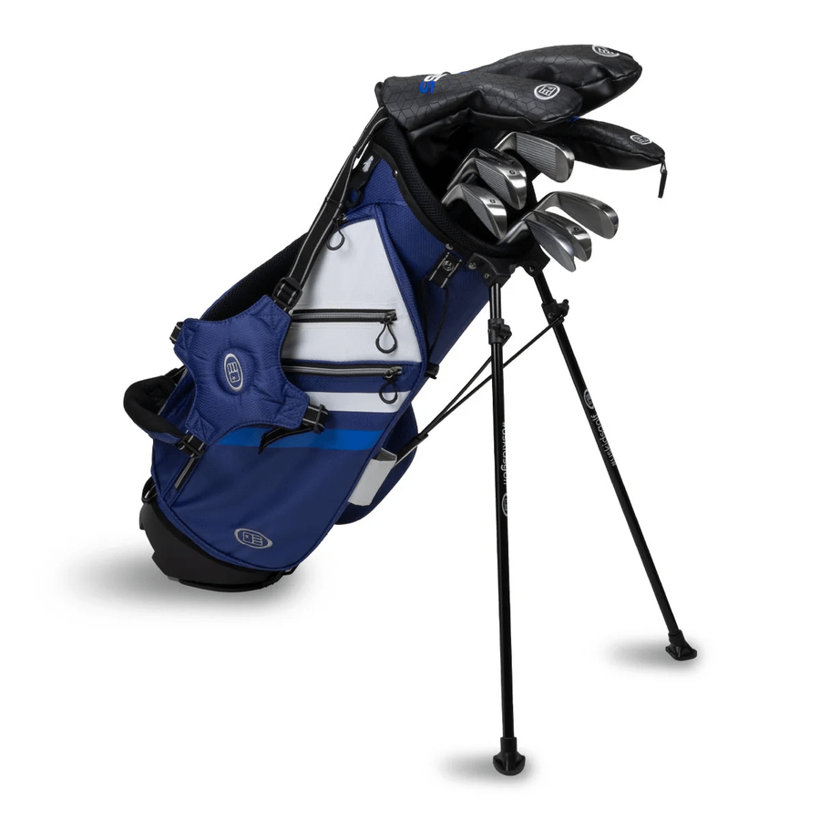 A US Kids Golf TS5 51 10-Piece Stand Set - Graphite, in blue and white, stands upright on extended legs. The bag features multiple zippered pockets, a carrying strap, and contains several graphite clubs.