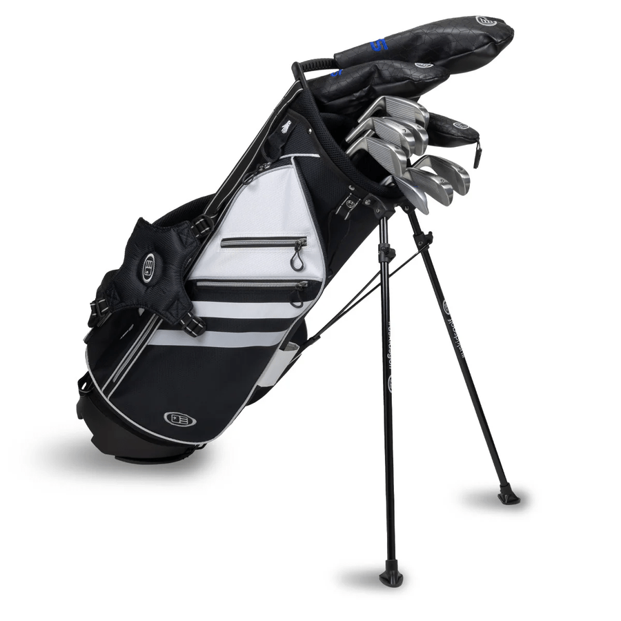 The US Kids Golf TS5 51 10-Piece Stand Set - Graphite includes a black and white stand bag with extended legs, multiple zippered pockets, a carrying strap, and holds a full set of graphite clubs with headcovers.