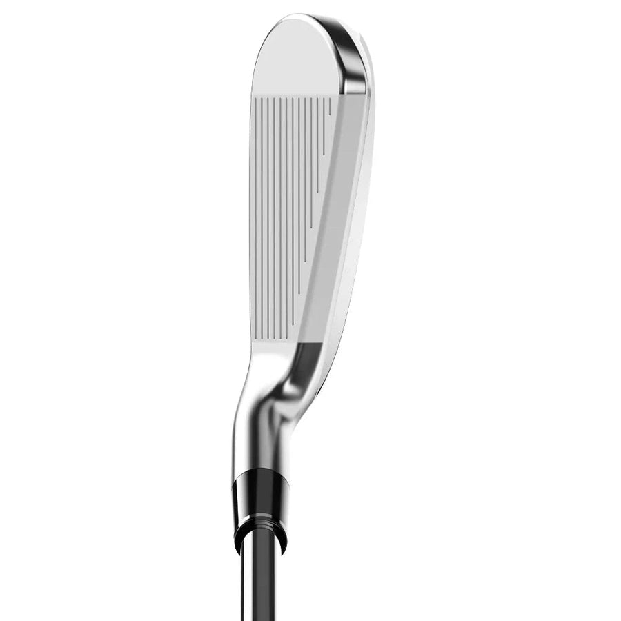 A close-up of a Srixon ZXiU Utility Iron Steel Shaft club head with Forged Faces, highlighting the grooved face and part of the shaft against a white background.