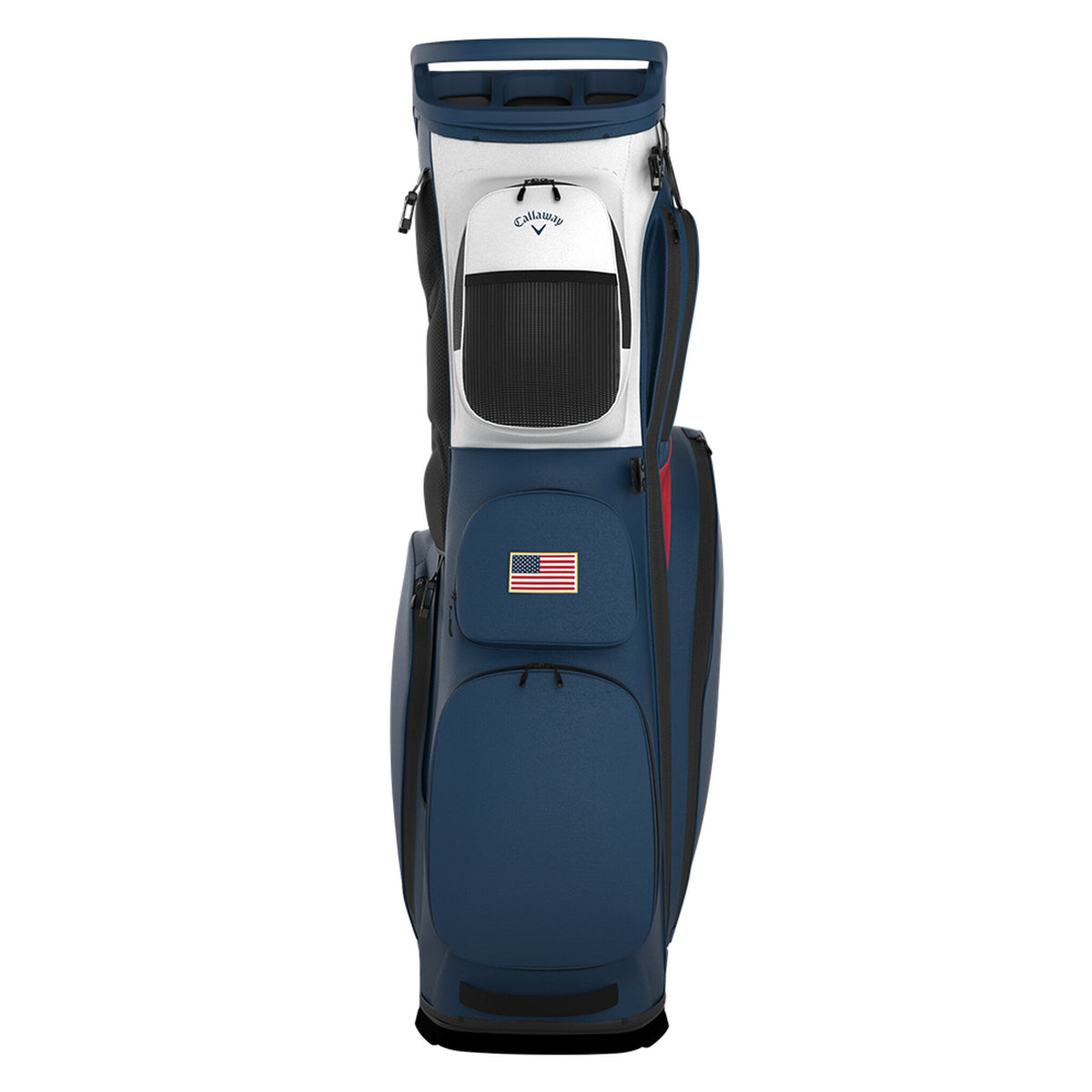 Sac de golf trépied Callaway Fairway 14 blanc, bleu marine et rouge, vue de face