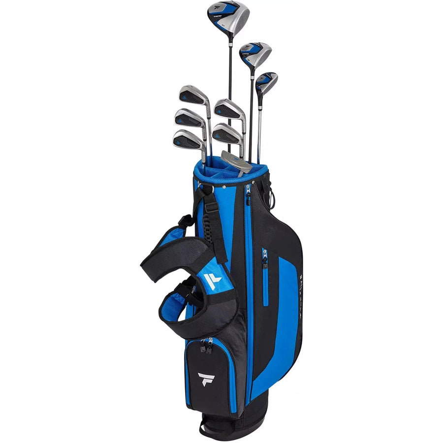 The Top Flite 23 XL 13-Piece Mens Complete Golf Set includes a blue and black golf bag with neatly organized drivers, fairway wood, hybrids, irons, and a putter, all with visible club heads.
