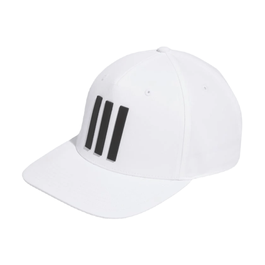 The Two Pack Adidas 3-Stripes Tour Golf Hat in white, made from recycled materials, features three bold black vertical stripes on the front and is shown at an angle on a transparent background.
