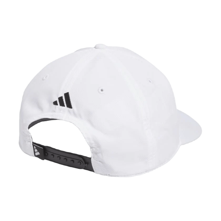 The Two Pack Adidas 3-Stripes Tour Golf Hat in white features a black adjustable strap, a small black Adidas logo above the back opening, and a moisture-wicking sweatband for comfort.
