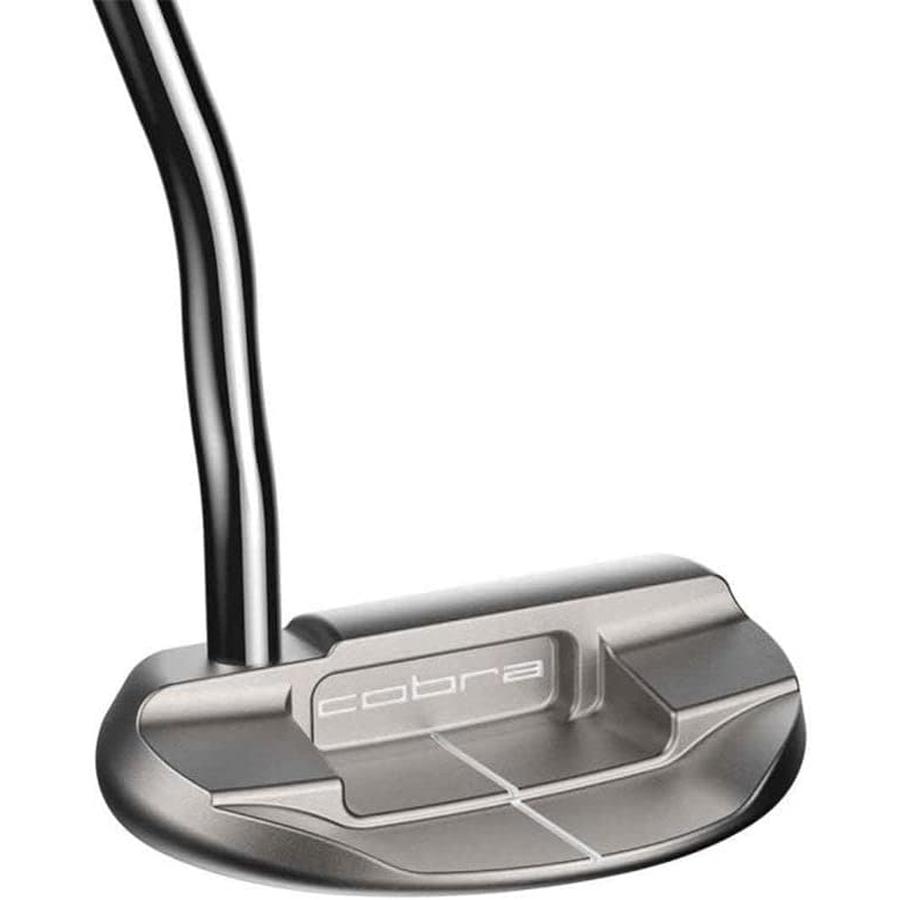 A close-up of the Cobra Mallet Putter head shows its slightly curved shaft, optimized weight distribution, engraved alignment lines, and the Cobra logo on its flat face.