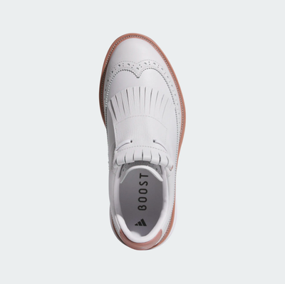 Top view of the adidas MC Zoysia Ladies Spikeless Golf Shoes in grey, featuring decorative perforations, fringe detail, a light brown sole, BOOST branding on the insole, and Torsion System support for added comfort and stability.