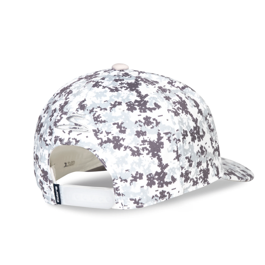 The Cobra Camo Crown C Snapback Cap features a gray and white digital camo pattern, adjustable strap, Flexfit 110 Sweatband for comfort, and a small black tag on the back bottom edge.