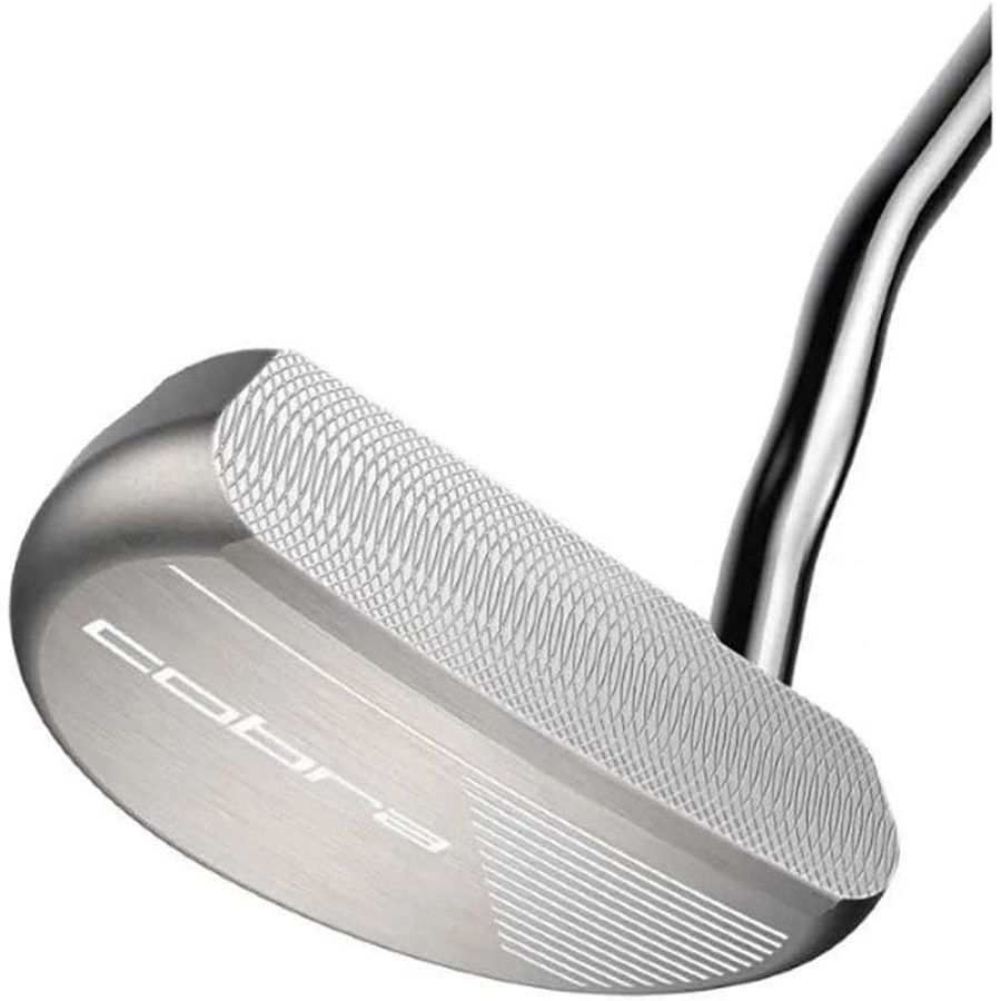 Close-up of the Cobra Mallet Putter head in silver, showcasing optimized weight distribution, a textured striking face, and a curved metallic shaft. The brand name cobra is engraved on the flat surface.