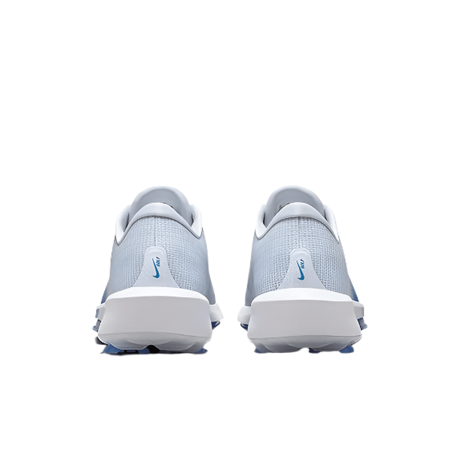 The Nike Air Zoom Infinity Tour NXT 2 Spikeless Golf Shoe in grey and blue features white soles and blue Nike logos, shown from the back against a plain white background.