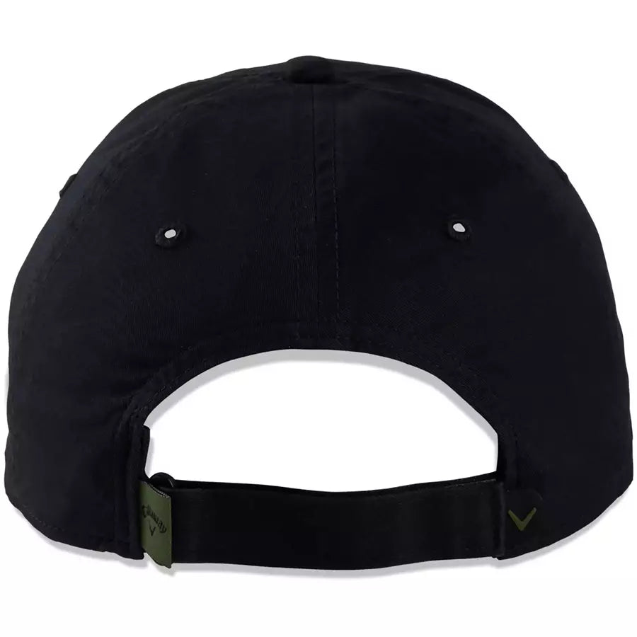A rear view of the 2 Pack Callaway Heritage Twill Golf Hats in black, showing a fabric strap with metal buckle for adjustable sizing and two ventilation holes on each side.
