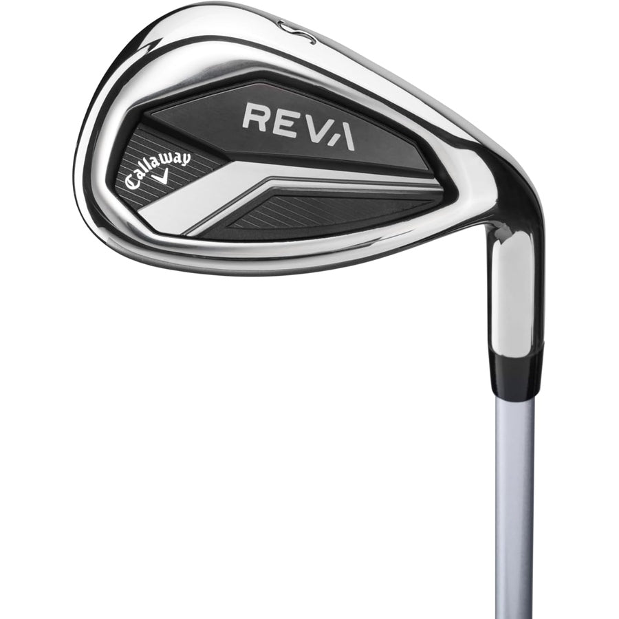 A close-up of the Callaway 2024 Reva Ladies 11-Piece Package Set - Black golf iron highlights its sleek silver finish, detailed clubhead, and visible REVA and Callaway logos, designed to enhance distance and forgiveness for women golfers.
