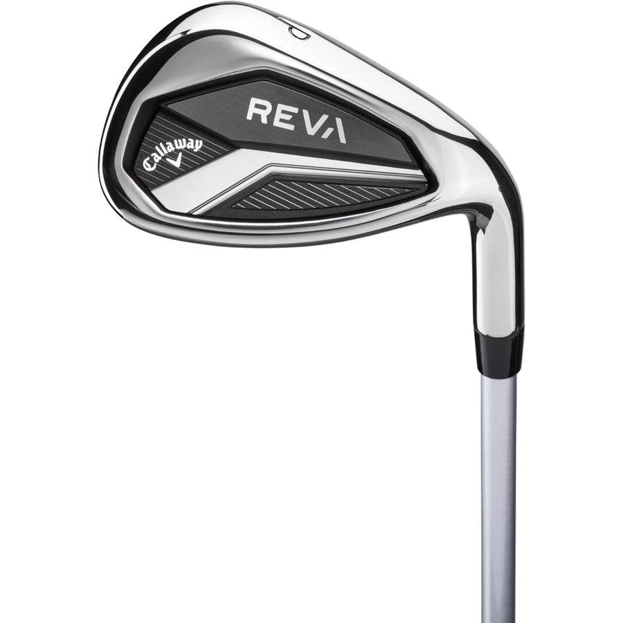 A close-up of the Callaway 2024 Reva Ladies 11-Piece Package Set - Black, highlighting the sleek metallic club head with black and silver accents and Callaway branding—crafted for women to enhance distance and forgiveness.
