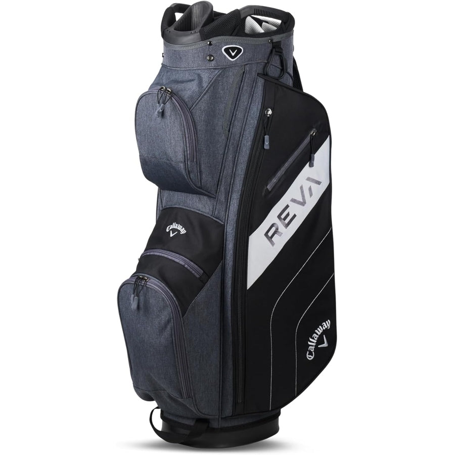 The Callaway 2024 Reva Ladies 11-Piece Package Set in black features a black and gray golf bag with multiple zippered pockets, REVA branding on the side, designed for distance and forgiveness, and stands upright on its base.