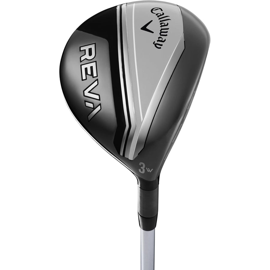 Close-up of the Callaway 2024 Reva Ladies 11-Piece Package Set - Black, featuring a black and silver REVA 3W head. Designed for womens swing speed, it delivers distance, forgiveness, and showcases sleek Callaway branding.