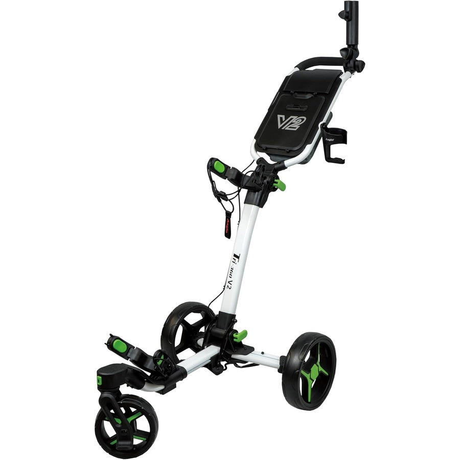 The Axglo V2 Golf Cart is a white and black 3-wheel cart with green accents, a handle, smartphone holder, sturdy frame, and folding design—perfect for carrying your golf bag in style and convenience on the course.
