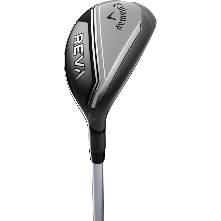 The Callaway 2024 Reva Ladies 11-Piece Package Set in black includes a women’s hybrid club with a metallic shaft, tailored for women’s swing speed and featuring the signature Callaway branding on the club head.