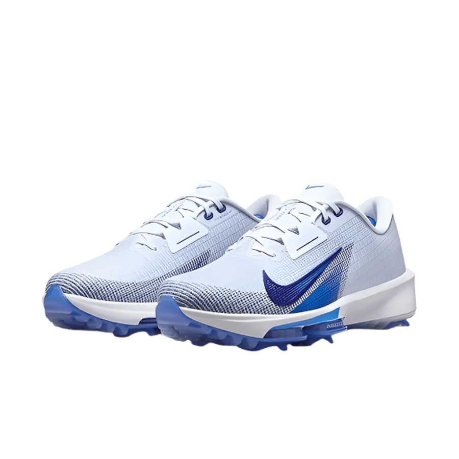 A pair of Nike Air Zoom Infinity Tour NXT 2 Spikeless Golf Shoes in grey and blue with blue soles and a large blue swoosh logo on the sides, displayed on a white background.