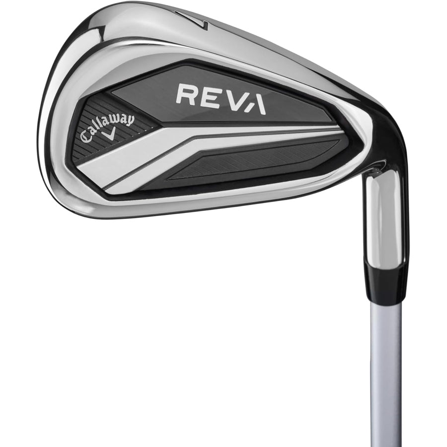 A close-up of the Callaway 2024 Reva Ladies 11-Piece Package Set - Black golf iron highlights its shiny chrome clubhead with black accents, engineered for womens distance and forgiveness, with the brand and model name clearly shown.