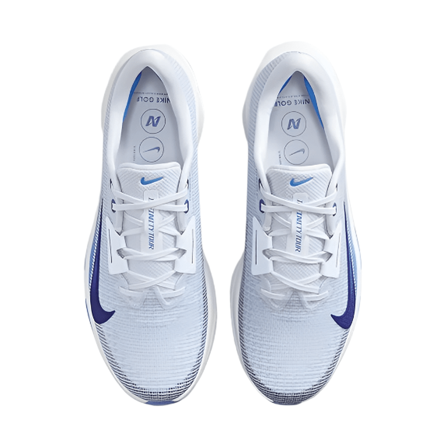 Top view of Nike Air Zoom Infinity Tour NXT 2 Spikeless Golf Shoes in grey and blue, featuring blue accents and branding on the tongues, displayed on a white background.
