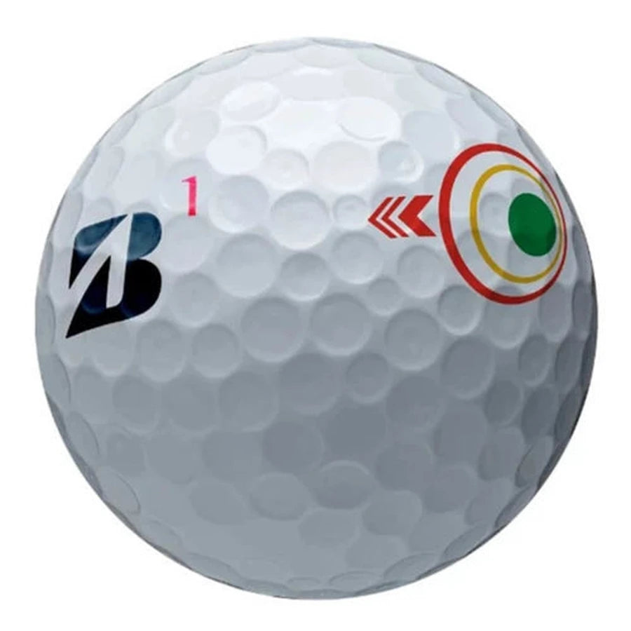 A white Bridgestone Tour B X Mindset 2024 golf ball from a 2-dozen Logo Overrun pack, featuring dimples, a black B logo, pink number 1, colorful circular target graphics with arrows, and a green dot on its Reactiv urethane cover.