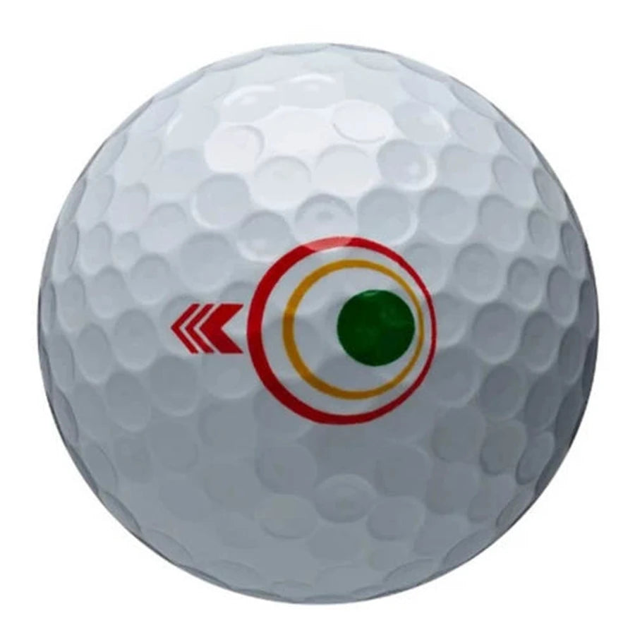 A white 2024 Bridgestone Tour B X Mindset golf ball, logo overrun, with dimples, a green dot centered in red and yellow circles, three red chevrons left of center, and a Reactiv urethane cover. Available in 2 dozen packs.
