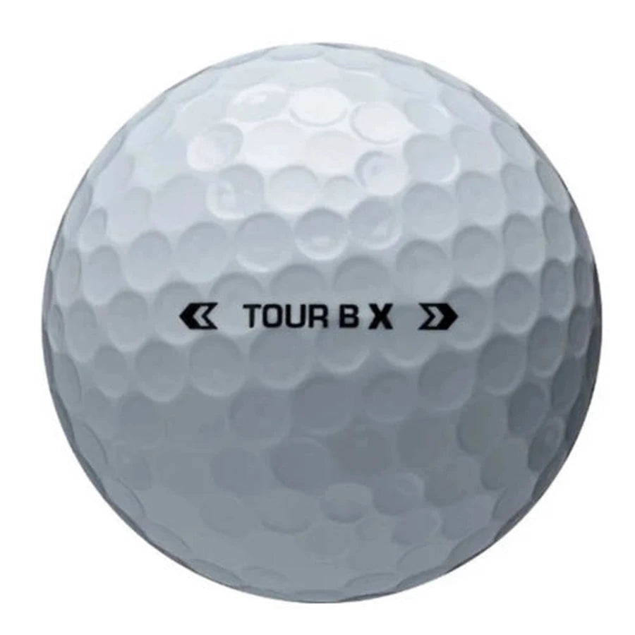 The 2 Dozen Bridgestone Tour B X Mindset 2024 Golf Balls - Logo Overrun are white, dimpled golf balls featuring TOUR B X with black arrow symbols and a Reactiv urethane cover for enhanced performance, inspired by the Tour B X Mindset.