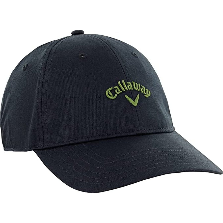 A 2 Pack of black Callaway Heritage Twill adjustable golf hats with curved brims and embroidered green Callaway logos on the front.
