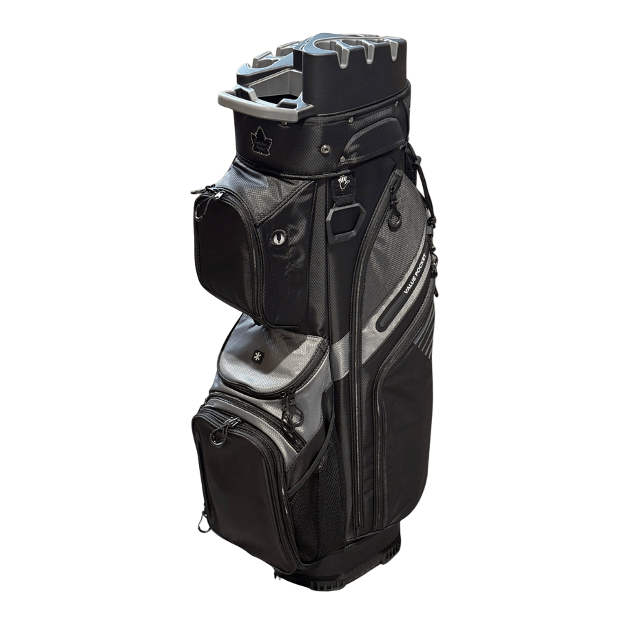 The NS Deluxe Tour Lock Organizer Cart Bag is a black and gray golf bag with a 14-way divider, multiple zippered compartments, and an insulated cooler pocket for clubs and accessories, shown standing upright on a white background.