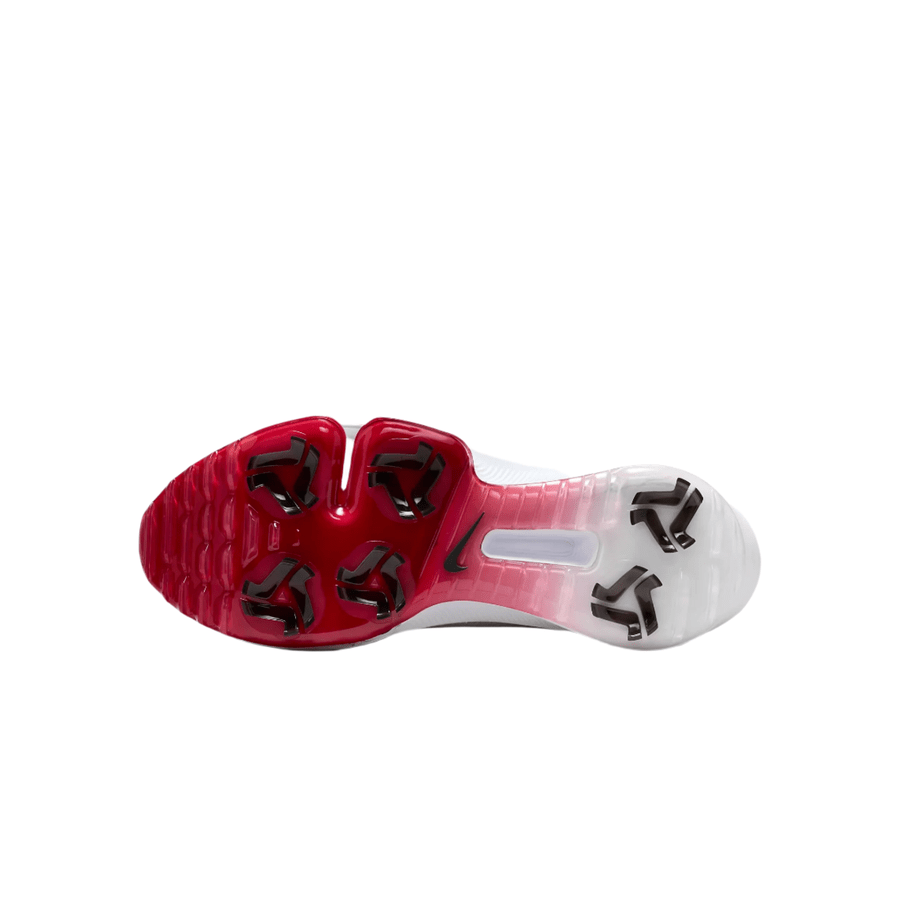 Bottom view of the Nike Air Zoom Infinity Tour NXT 2 Spikeless Golf Shoe (White/Red) showing a red and white sole with six black cleats and an embedded Air Zoom unit, designed for superior traction on golf courses.