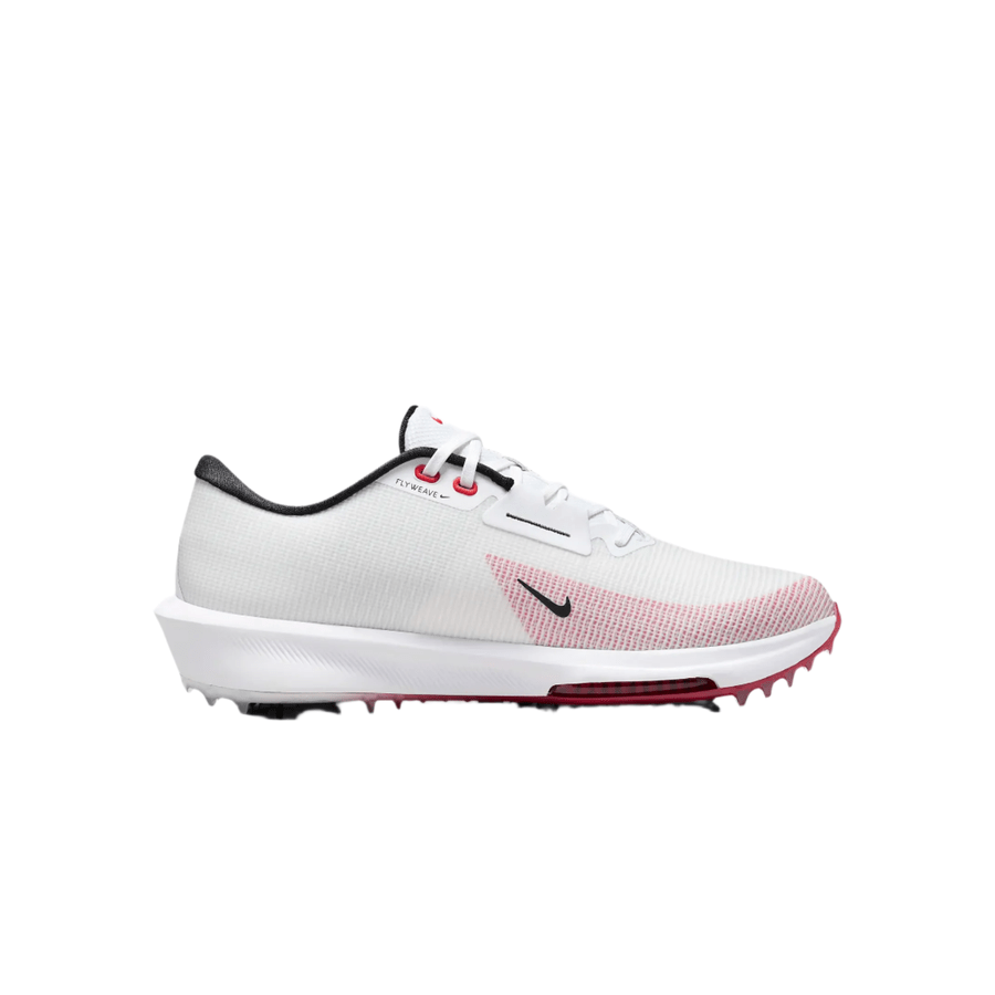 The Nike Air Zoom Infinity Tour NXT 2 Spikeless Golf Shoe in White/Red features a white upper with black accents, red details on the toe and sole, laces, and a spikeless sole with an Air Zoom unit, shown from the side on a white background.