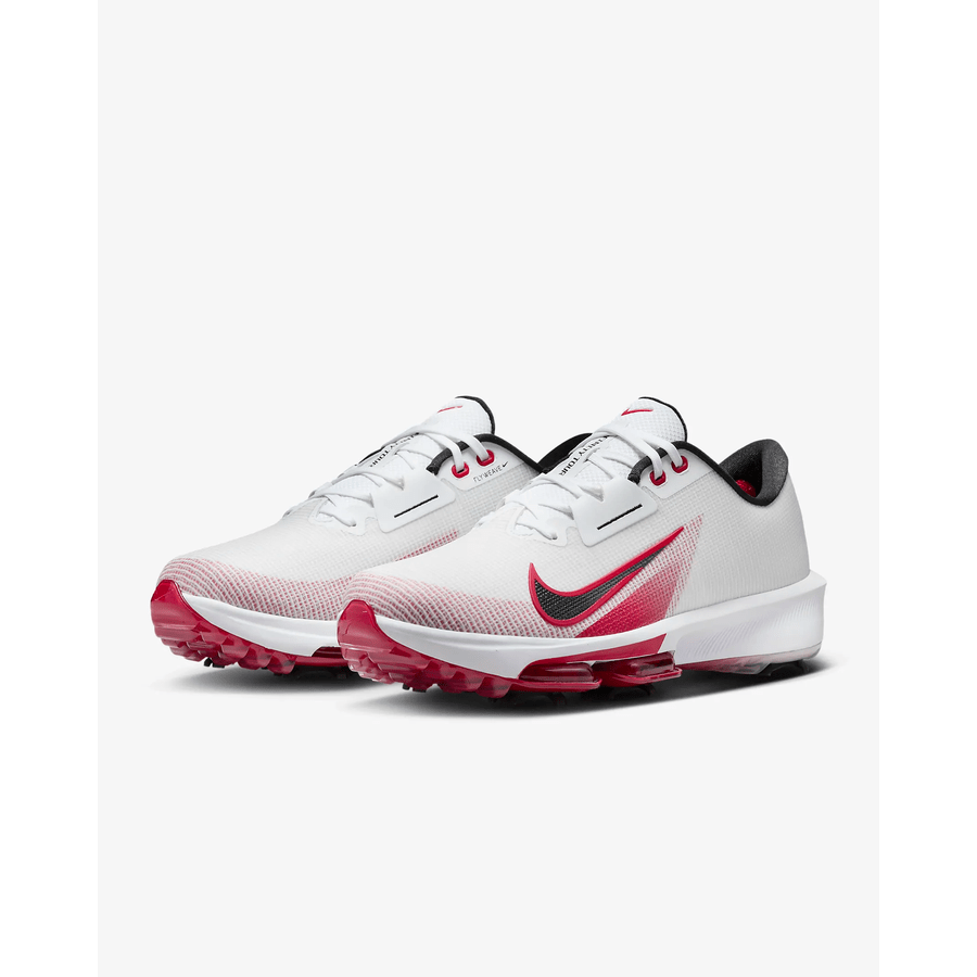 The Nike Air Zoom Infinity Tour NXT 2 Spikeless Golf Shoe in White/Red features red and black accents, a red Nike swoosh, and an Air Zoom unit for responsive cushioning, displayed on a plain white background.