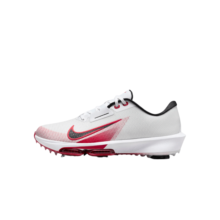 The Nike Air Zoom Infinity Tour NXT 2 Spikeless Golf Shoe in white/red features black laces, a black inner lining, red and black accents, a red and black Air Zoom unit in the sole, and transparent elements for traction.