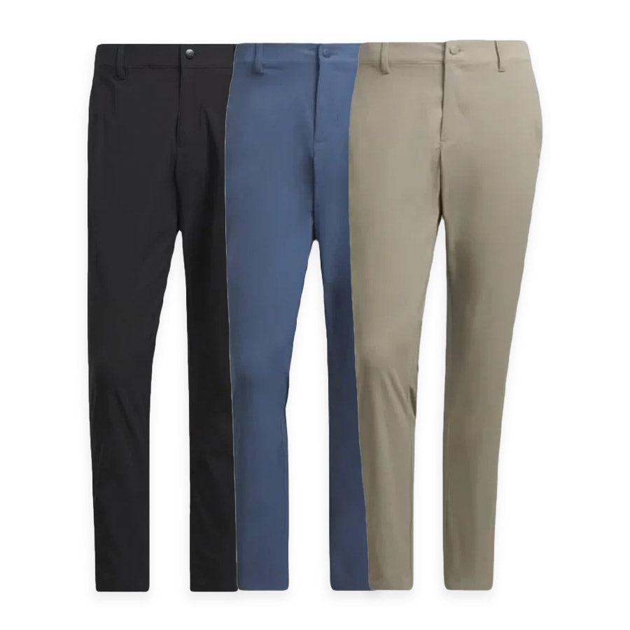 Four pairs of Adidas Ultimate365 Chino Pants in black, navy blue, gray, and beige are shown side by side, featuring slim-fit design with button and zip closure—crafted from recycled materials for a stylish, sustainable option.