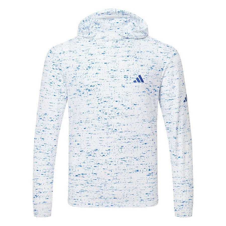 Two Pack Adidas Core Printed Lightweight Hoodies: white long-sleeve hoodies with blue speckles, made from stretchy fabric. Features the Adidas Core logo on the left chest and sleeve. Shown on a plain white background.