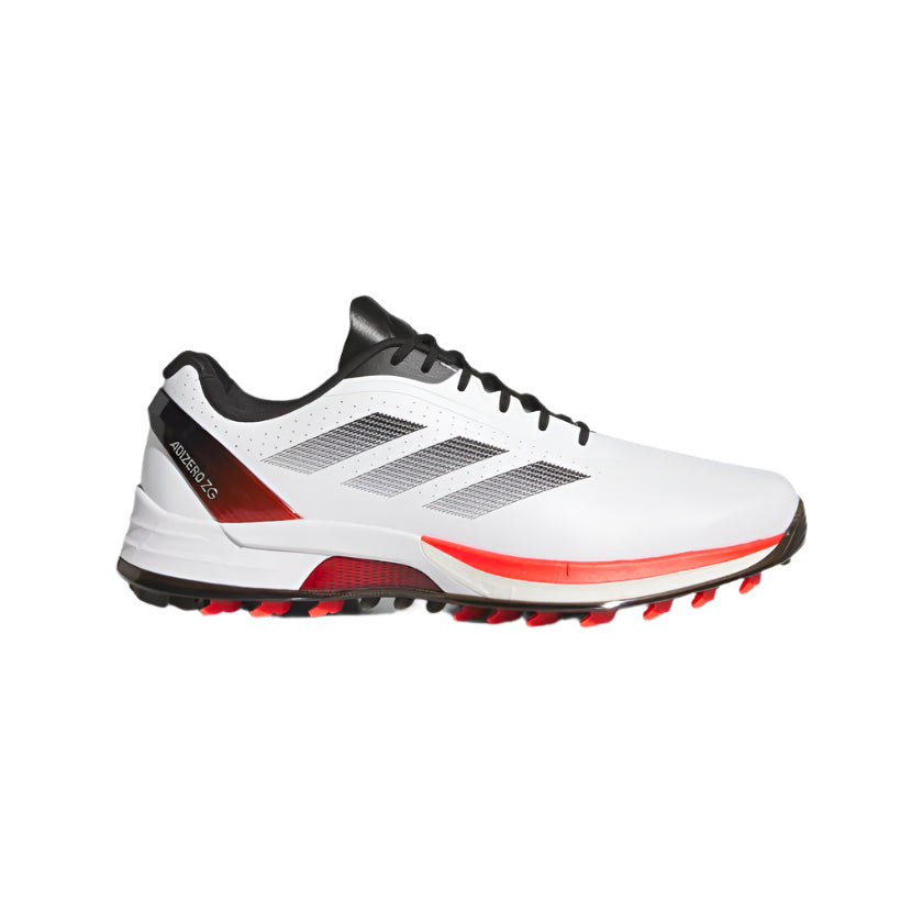 The Adidas Adizero ZG Spikeless Golf Shoes in White/Red feature black and red accents, black laces, three black stripes, a waterproof upper, black and red traction on the sole, and ADIERO Z5 on the heel.