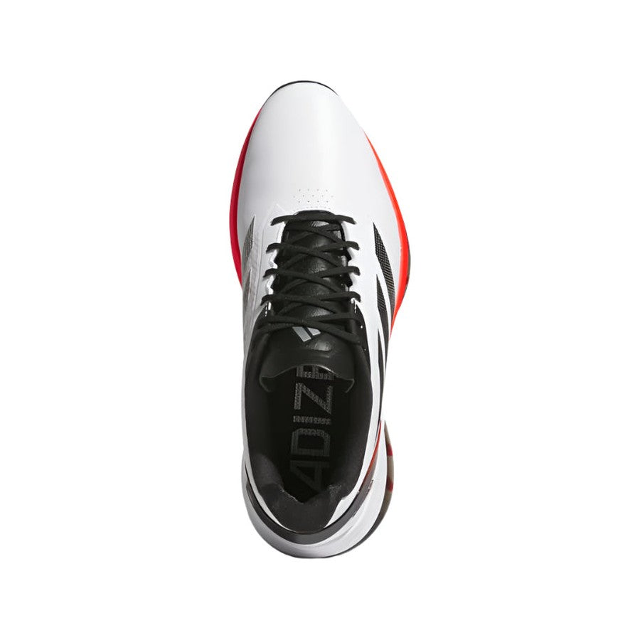 Top view of Adidas Adizero ZG Spikeless Golf Shoes in White/Red; features black laces, black and gray accents, a red heel, waterproof upper, and an insole with printed text and graphics.