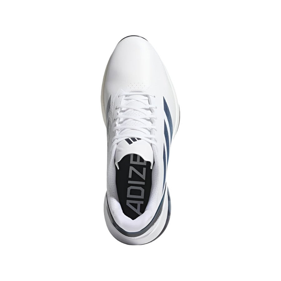 Top view of Adidas Adizero ZG Spikeless Golf Shoes in white/blue, featuring dark blue stripes, Lightstrike Pro cushioning, a gray and black ADIZERO insole, and a streamlined design—made with recycled and renewable materials.