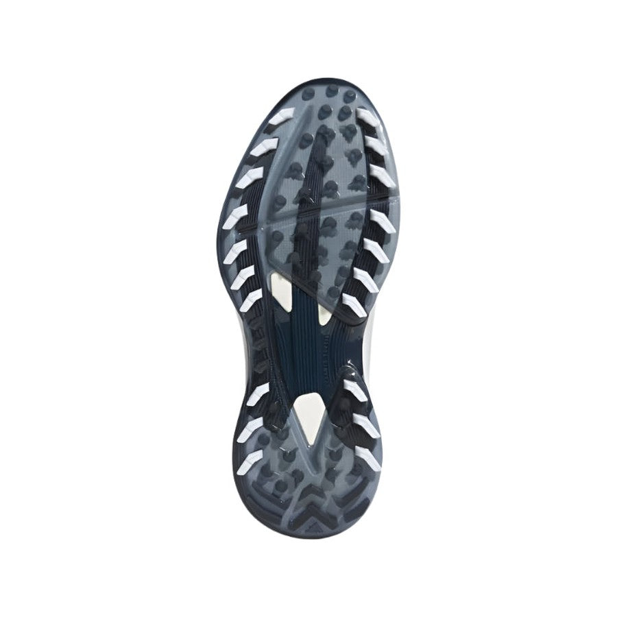 The image shows the sole of the Adidas Adizero ZG Spikeless Golf Shoes - White/Blue, featuring a black and white pattern with multiple small rubber studs for traction, photographed from below against a white background.