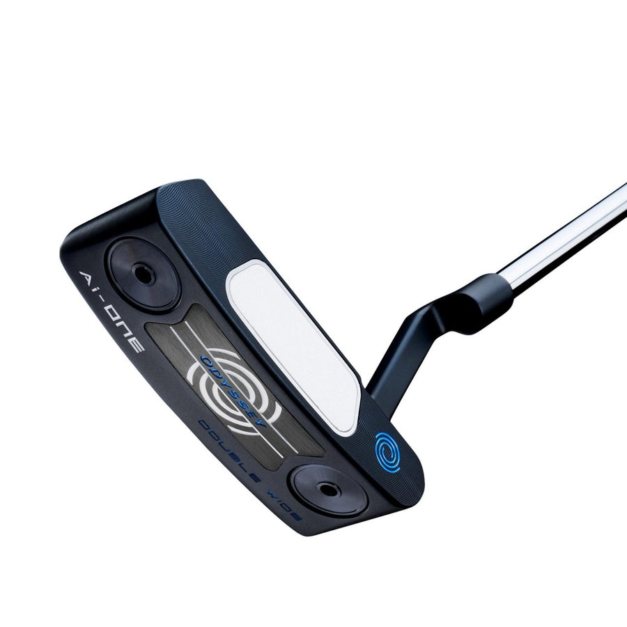 A close-up of the Odyssey Ai-ONE Double Wide CH Putter shows its metallic face, black body, White Hot Urethane AI-ONE Insert, blue spiral logo, angled silver shaft, and “A.I. ONE” branding details.