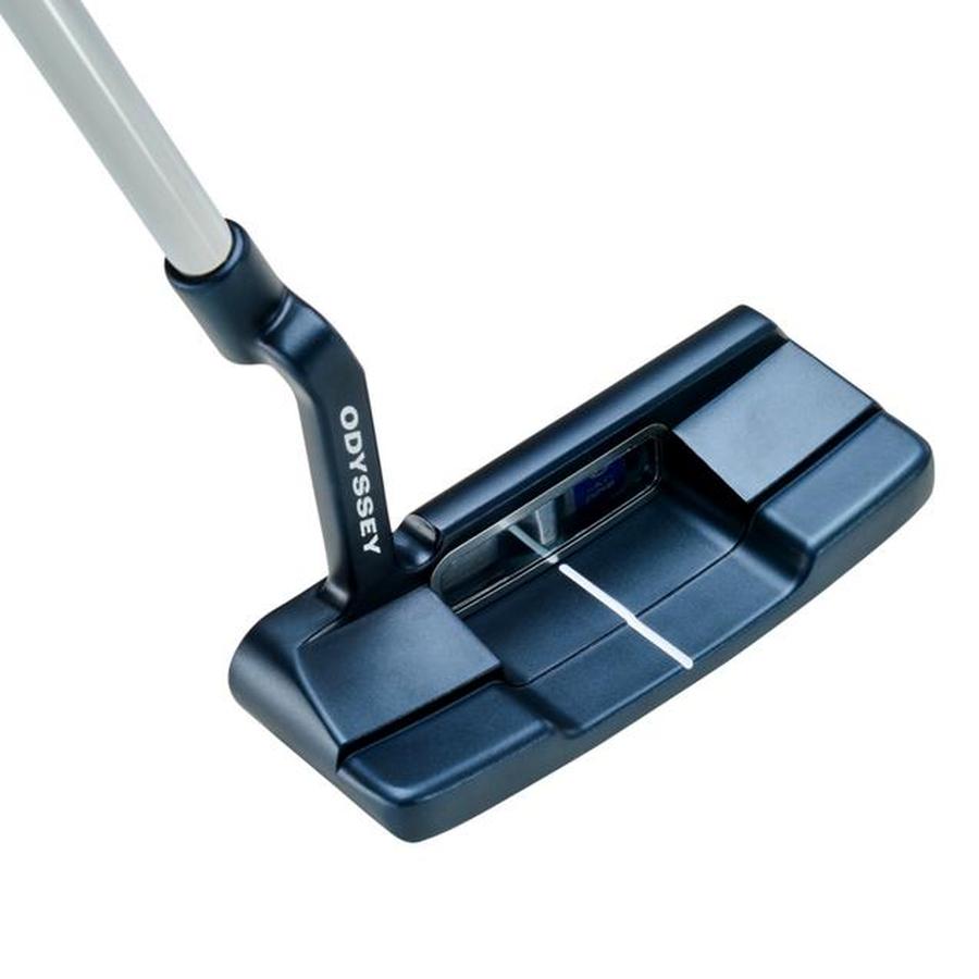 A close-up of the Odyssey Ai-ONE Double Wide CH Putter showcases its black clubhead with a white alignment line, attached shaft, and the advanced AI-ONE INSERT for enhanced performance.