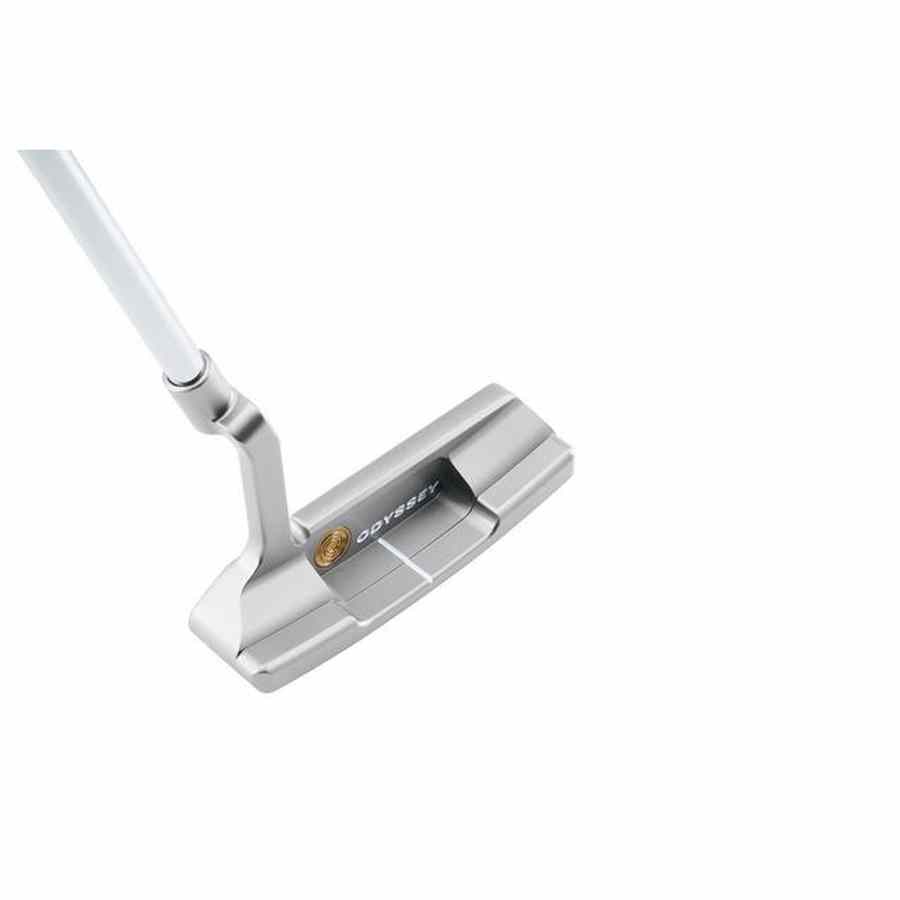 The Odyssey Ai-One Silver Milled Two T CH Putter, featuring a stainless steel head, white shaft, and milled titanium insert, is pictured at an angle on a white background.