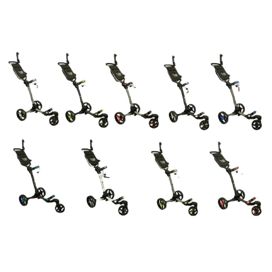 Nine Axglo V2 Golf Carts with black frames and handles are arranged in three rows, each showing wheel accents in green, red, blue, or white. Every folding golf cart is isolated on a white background.