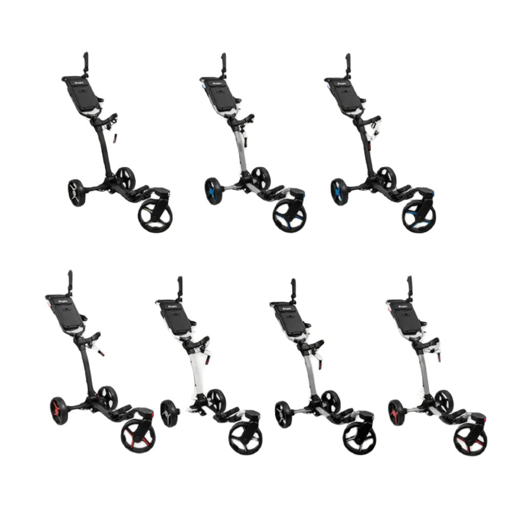 Seven Axglo V3 Golf Push Carts with FREE Storage Bag are arranged in two rows; each 3-wheel cart displays a unique accent color—black, blue, white, or red—against a white background.