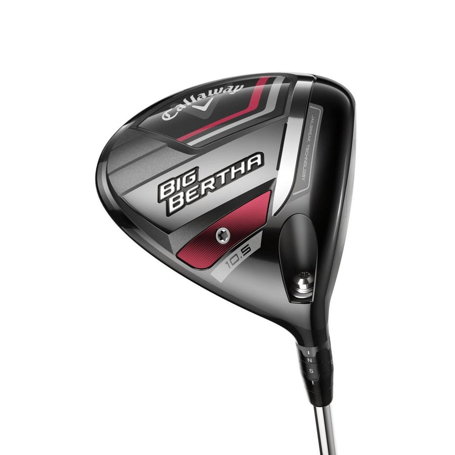 The Callaway Big Bertha 2023 Driver has a black, silver, and red design with BIG BERTHA branding and a 10.5° loft marking, engineered to help reduce slices.