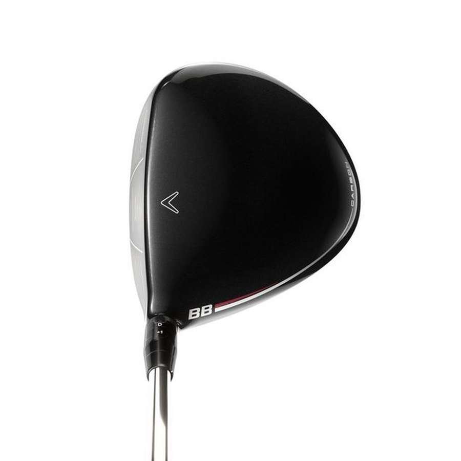 A close-up of the Callaway Big Bertha 2023 Driver with a black clubhead and silver shaft, showcasing its BB-marked top and arrow—engineered with ultra-low CG to help golfers reduce slices effectively.