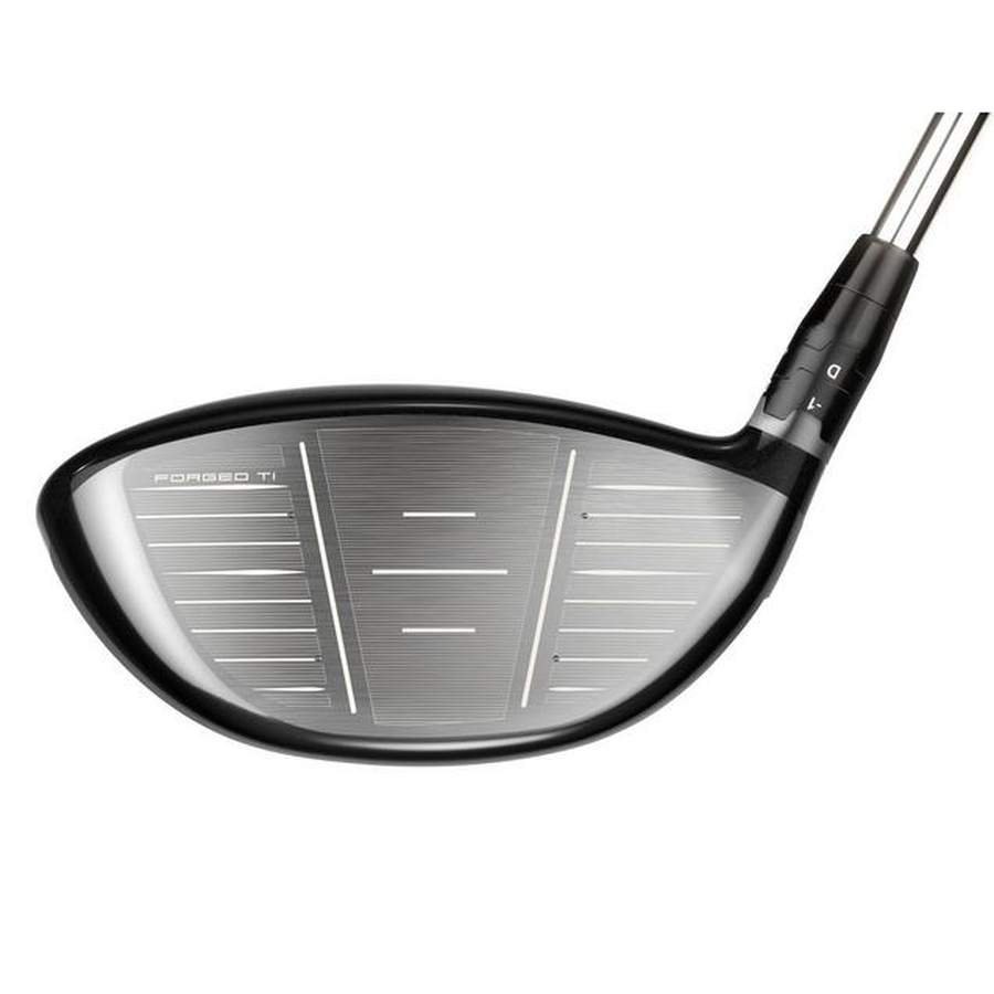 Close-up of the Callaway Big Bertha 2023 Driver head, featuring a metallic face with engraved lines and the FORGED TI label—engineered to reduce slices and deliver an ultra-low center of gravity.