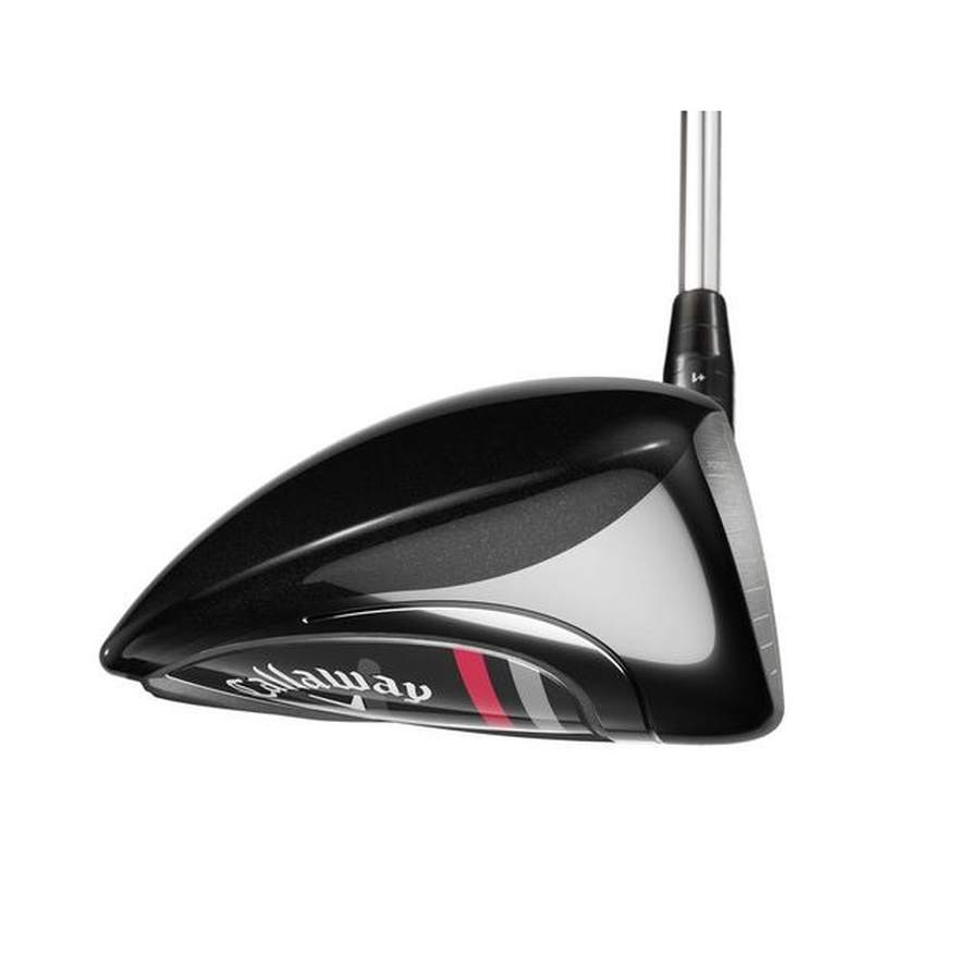 A close-up of the Callaway Big Bertha 2023 Driver head in black with metallic red accents, designed for ultra-low CG to reduce slices, attached to a silver shaft and set against a plain white background.