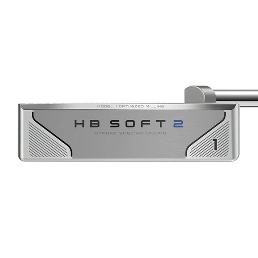 A close-up of the Cleveland HB Soft 2 Model #1 Putter head, showcasing Speed Optimized Face Technology, Stroke Specific Design, the number 1, decorative line patterns, and a right-side attached shaft.